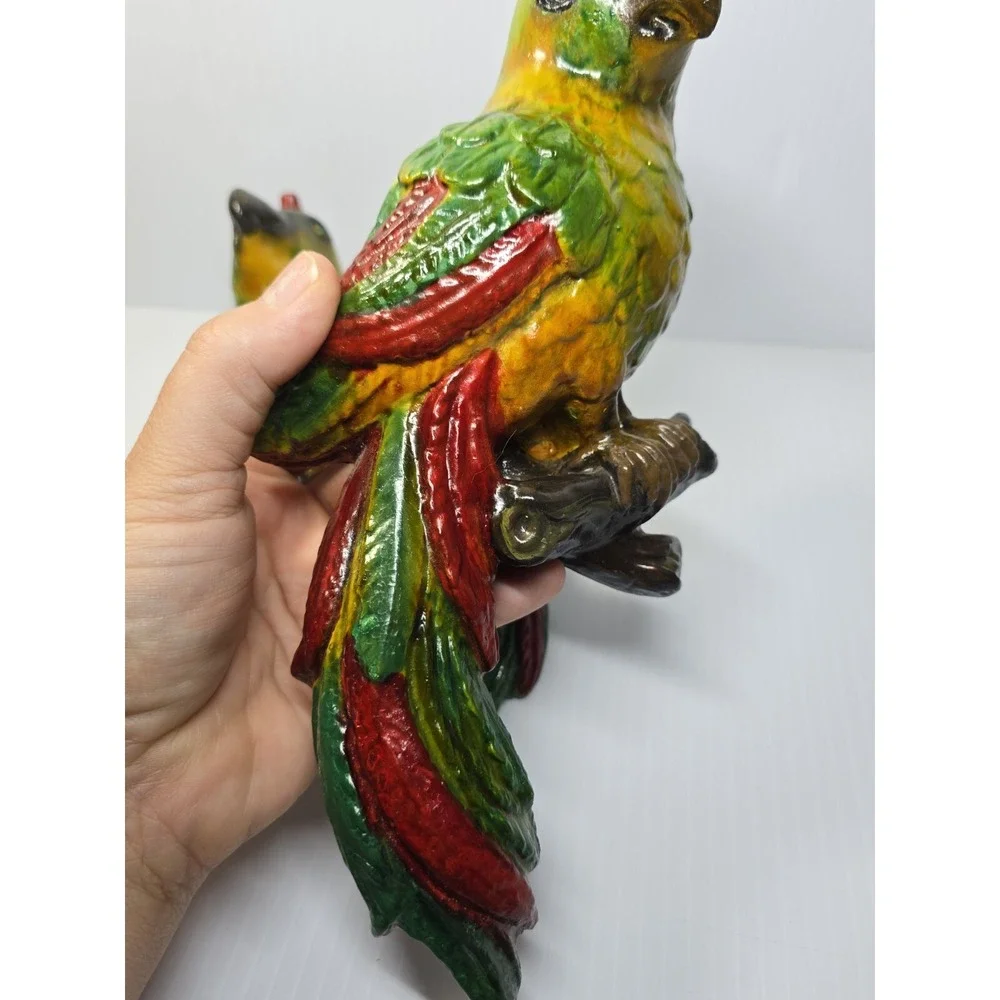 Mid-Century Chalkware Parrot Bird Wall Hanging Sculptures Set Of 2 Tropical Life